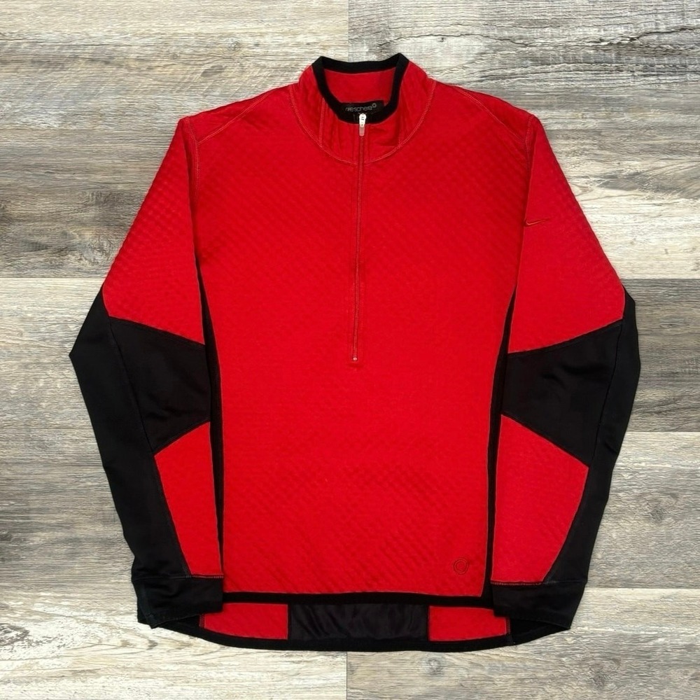 Nike‎ Sphere Red Black Womens Large 12-14 1/2 Zip Swoosh Textured Thermal Jacket